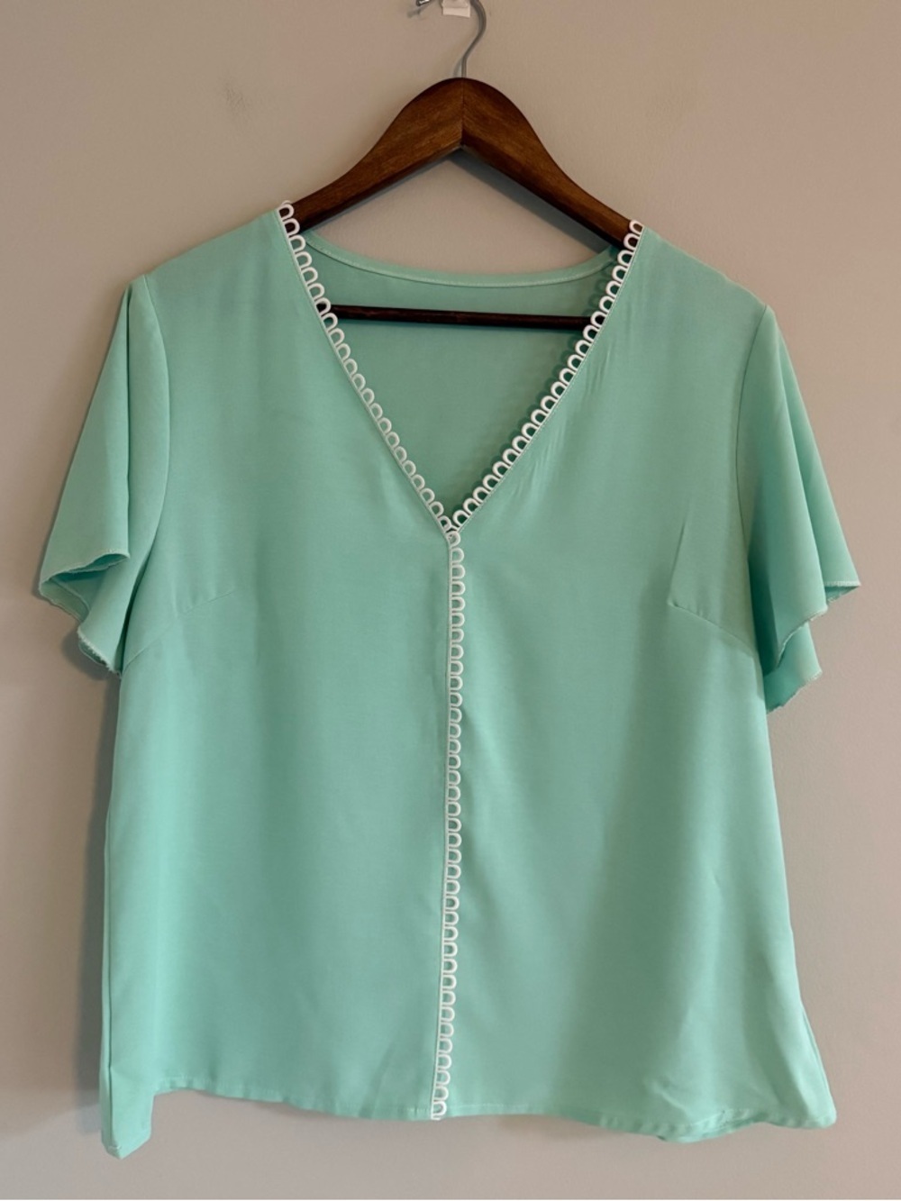 V-Neck Mint Short Sleeve Blouse with Loop Trim - Picture 5 of 10
